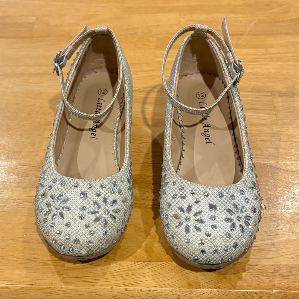 Little Angel Sophie Silver Rhinestone & Glitter Wedge Heel Sz 12 Kids DressShoes